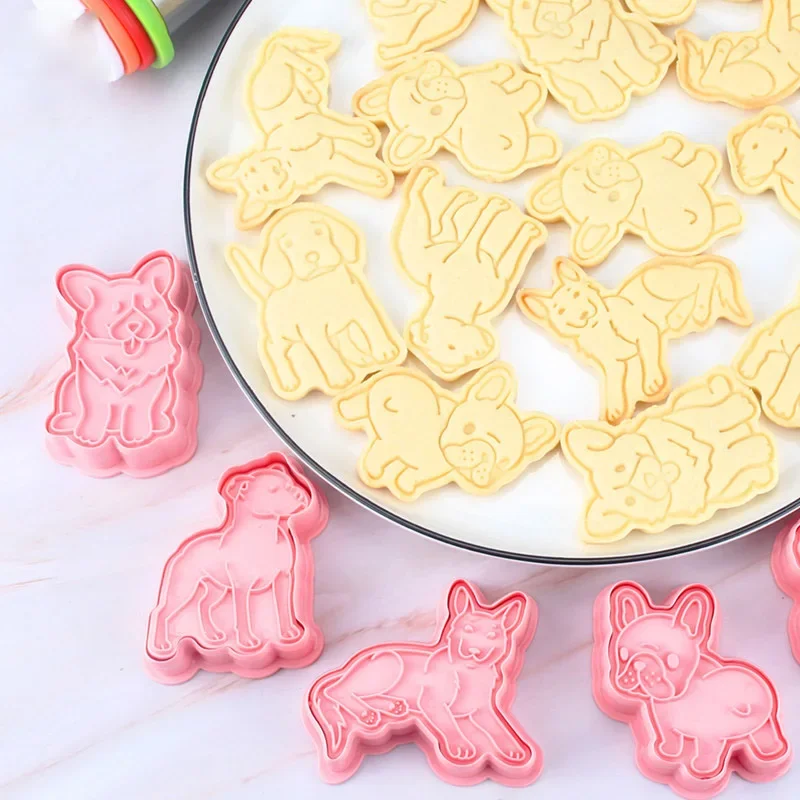 Cartoon Puppy Pet Cookie Mold 3D Plastic Press Stamp Fondant Icing Biscuit Cutter Set Dog Shaped Cake Decorating Baking Tools