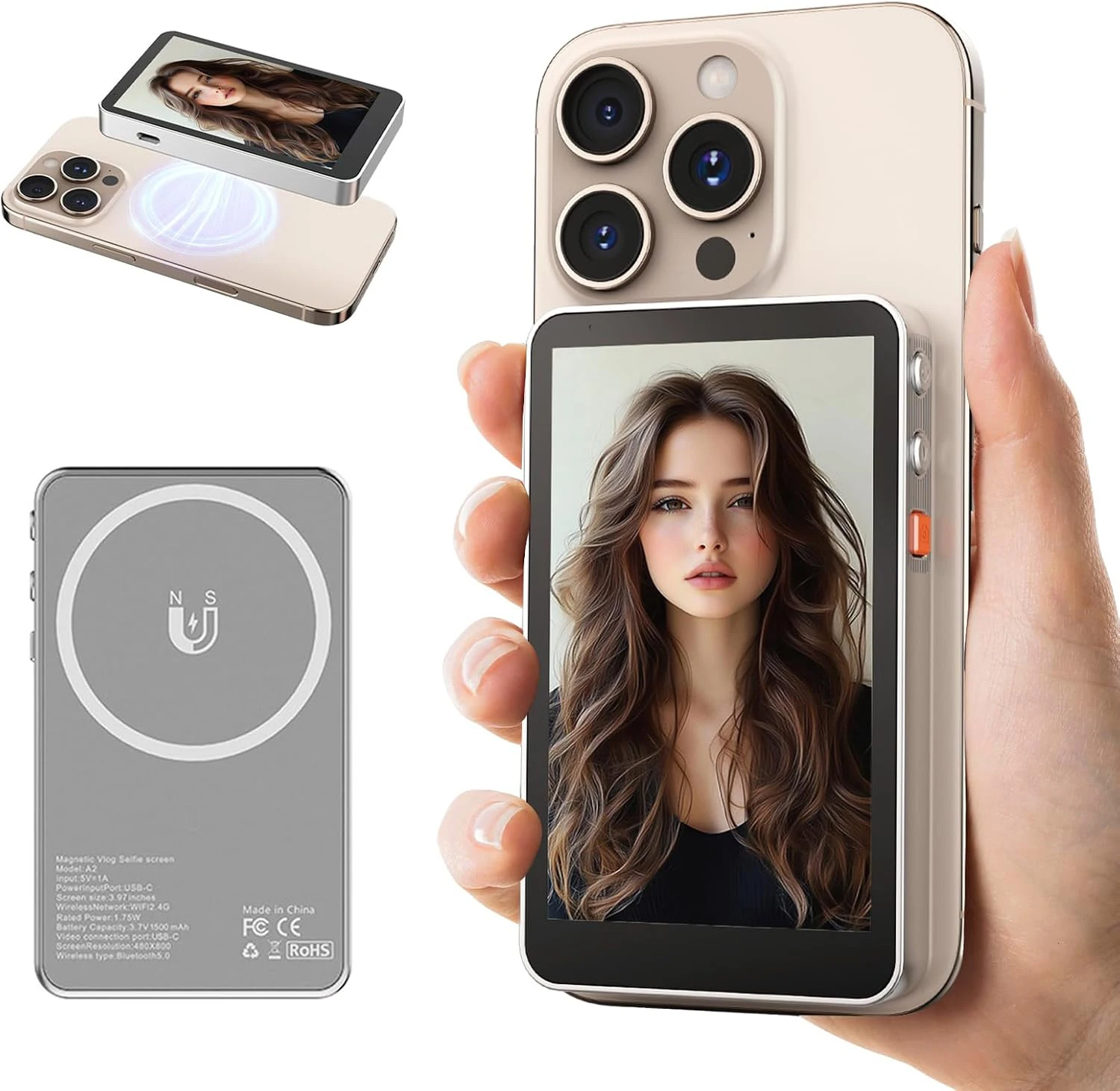 

Selfie Screen for Phone 4\" Real-Time Wireless Connection Silver-Compatible Phone/Android Rear Live Stream