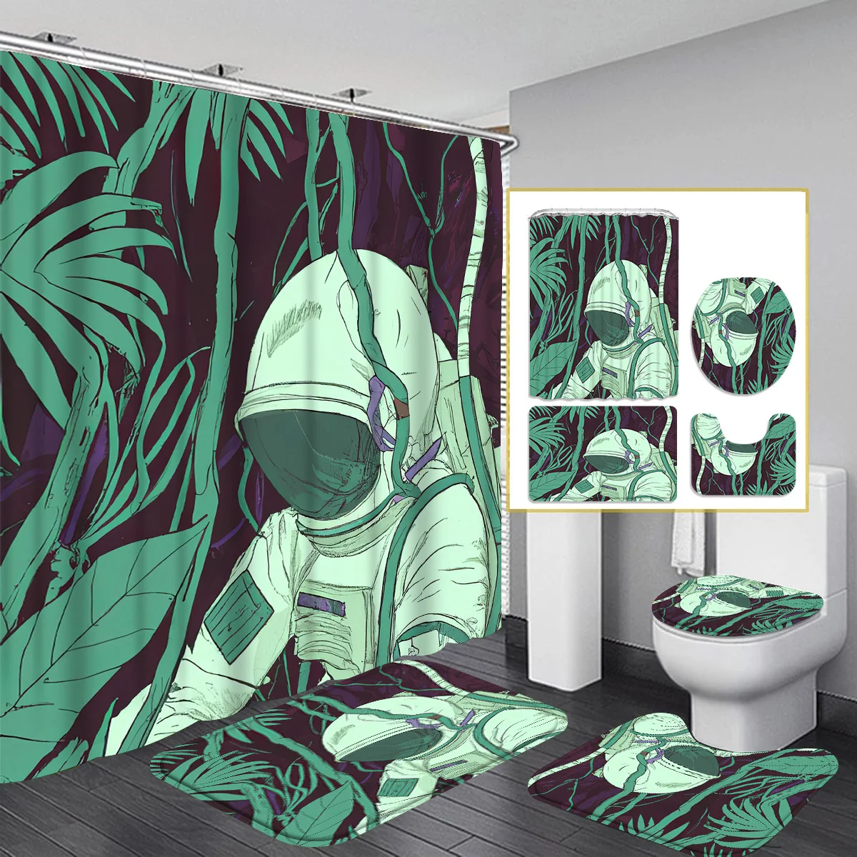 

4pcs Astronaut Bathroom Set, Shower Curtain, Absorbent Bathroom Floor Carpet, U-Shaped Contour Rug & Toilet Lid Mat, for Bat