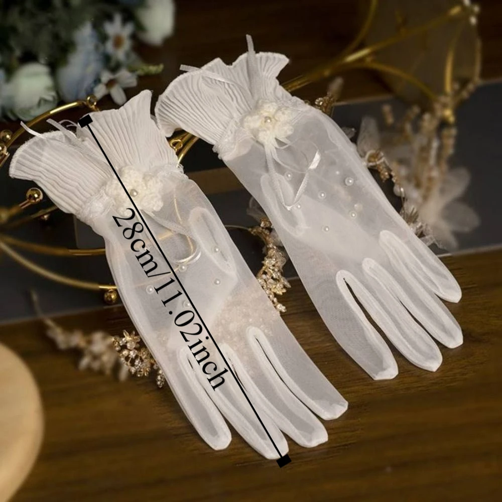 1 Pair Marie Cat Cos White Satin Gloves Wedding Mesh Short Glove Bow Knot Gloves Sweet Thin Lace Gloves Women Wedding Dress