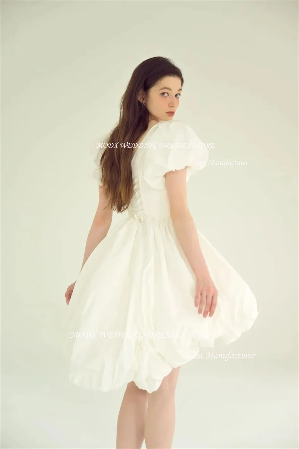 MODX V Neck Knee Length Cocktail Dresses Taffeta A Line Korea Wedding Dress Photo Shoot With Short Puff Sleeves Bridal Gowns