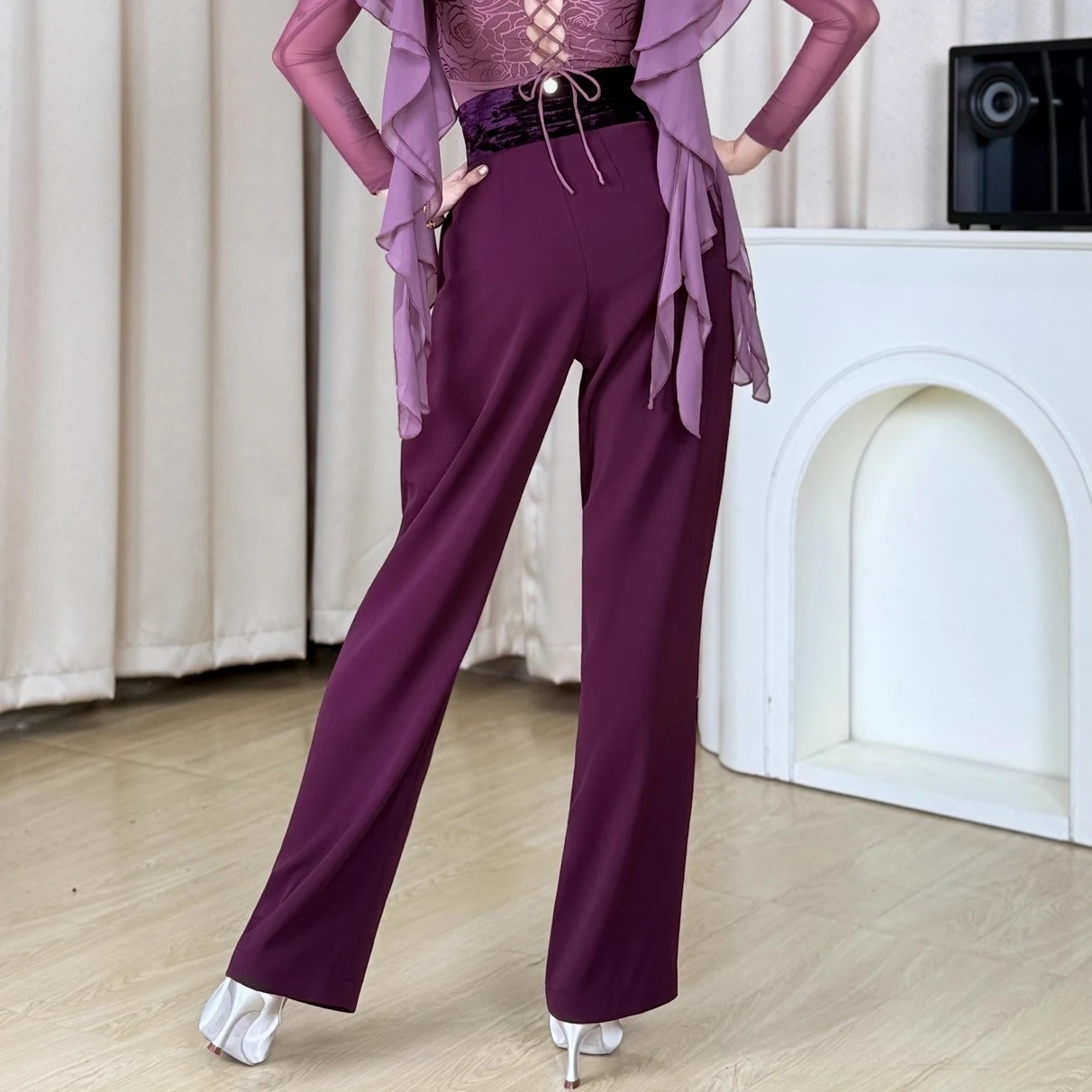 Pantaloni da ballo da sala viola Valzer Abiti da ballo latino Donna Pantaloni a vita alta a gamba larga Abbigliamento da ballo standard per adulti BL17693