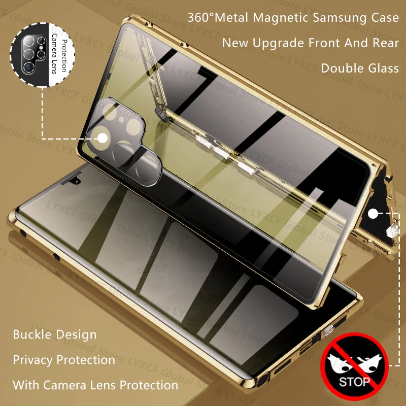 Double Sided Glass Anti-Peeping Privacy Case For Samsung Galaxy S24 S23 S22 S21 UItra Buckle Lock Camera Lens Protection Cover