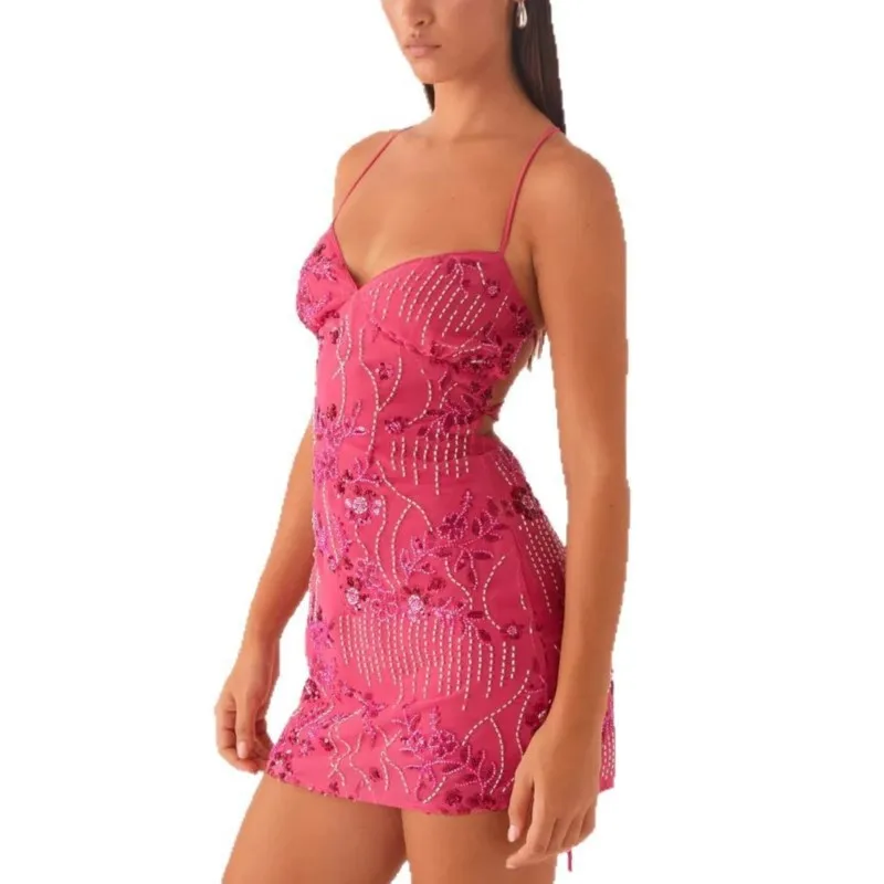 Damska seksowna sukienka mini z cekinami, haftem kwiatowym, koralikami, na ramiączkach, letnia sukienka imprezowa z odkrytymi plecami i krzyżującymi się ramiączkami.