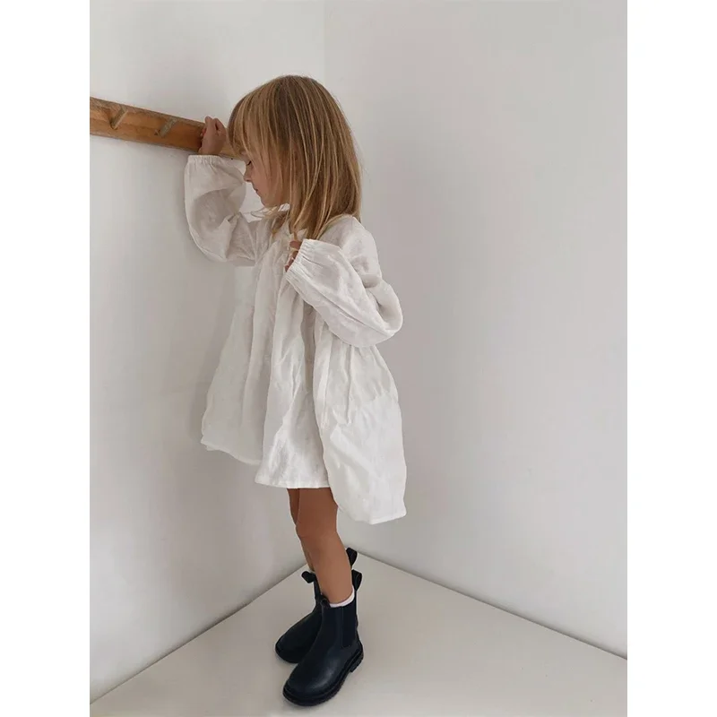 Girls White Linen V-neck Long-Sleeved Dress 2024 Spring And Summer New Baby Girl Mori Beach Cotton Linen Casual Loose Dresses