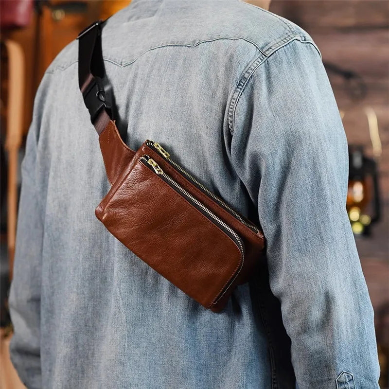 Simple casual genuine leather men\'s small chest bag designer outdoor weekend motorcycle natural real cowhide crossbody bag