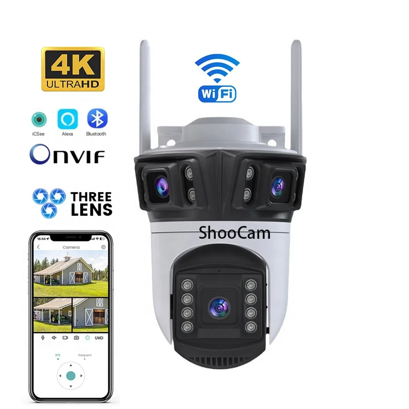 Icsee Three Lens 9mp Cctv Camera Wifi Human Detection Two-Way Audio  Security System Ip Surveillance Camera 4k Wireless