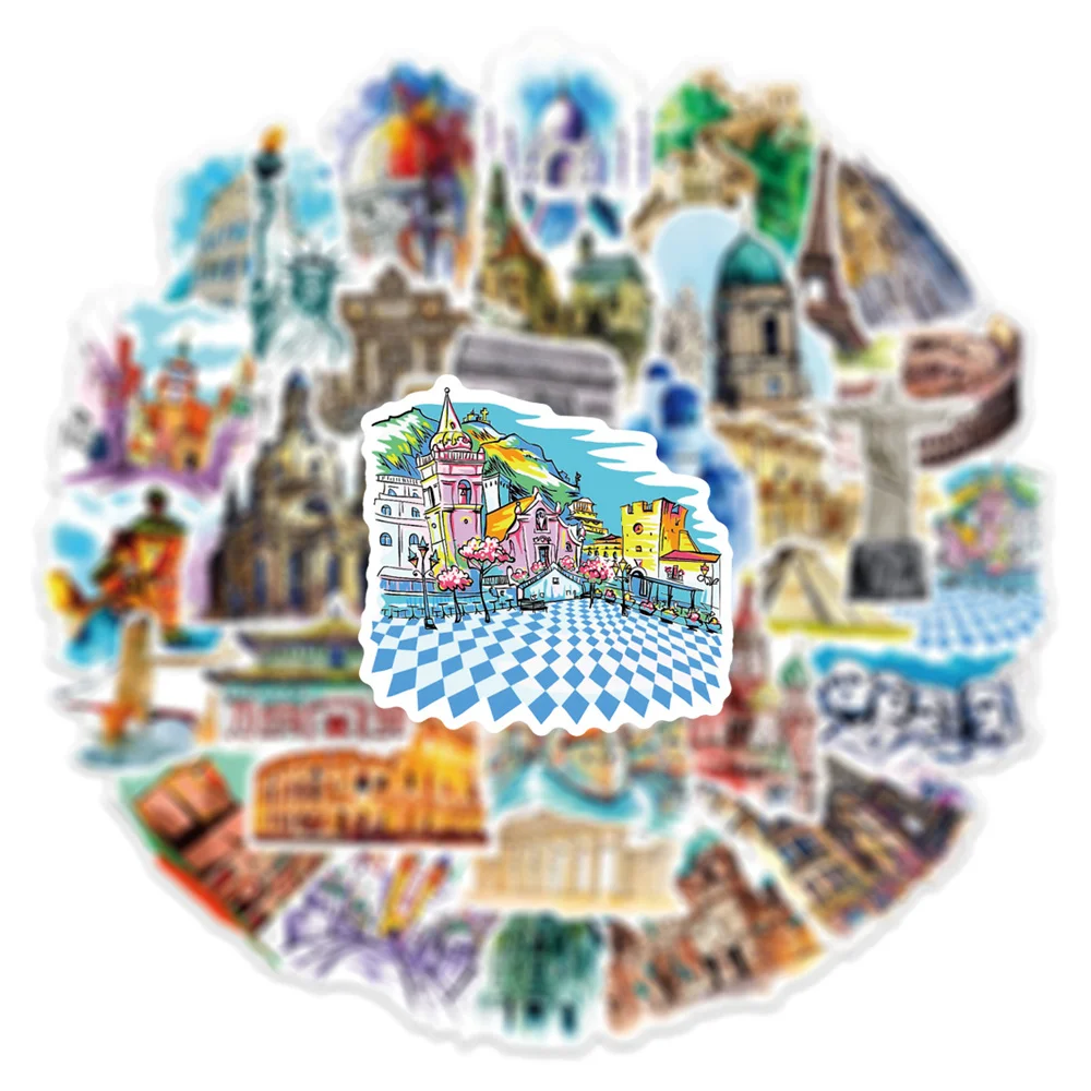 50pcs Travel World Landmark Architecture Stickers For Children Phone Scrapbook Notebooks Craft Supplies Vintage DIY Sticker Pack