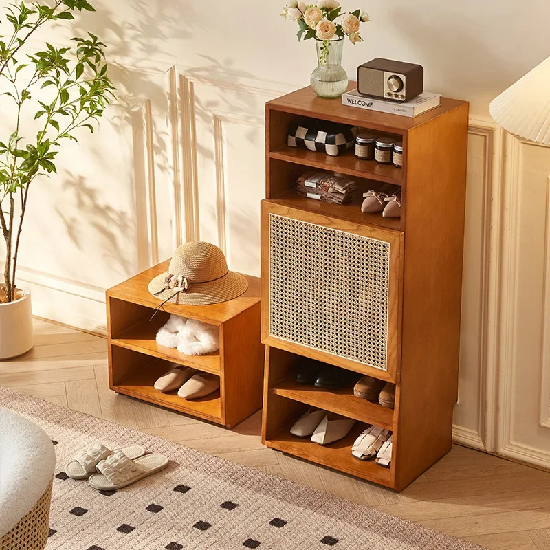

Solid wood high and low shoe cabinet, combined new Chinese style, porch entry layered, rattan shoe rack