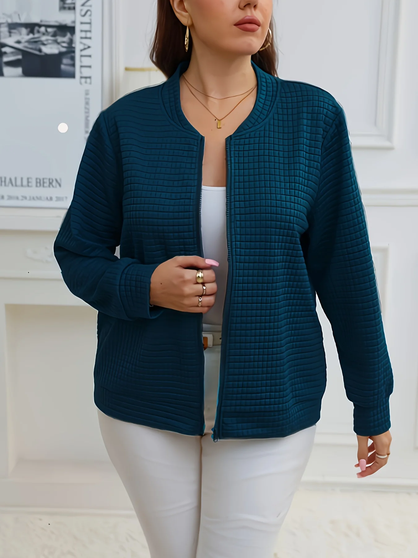 Dámský elegantní kardigan s dlouhým rukávem pro větší velikosti - měkká vaflová tkanina, klasický střih na zip, univerzální pro všechna roční období, vhodný pro běžné nošení i formální příležitosti - náhled 5