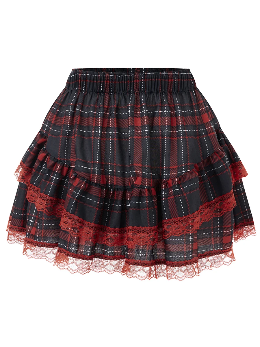 Women s Plaid Print Mini Skirts Elastic Waist Holiday A-Line Skirts Layered Ruffle Skirts