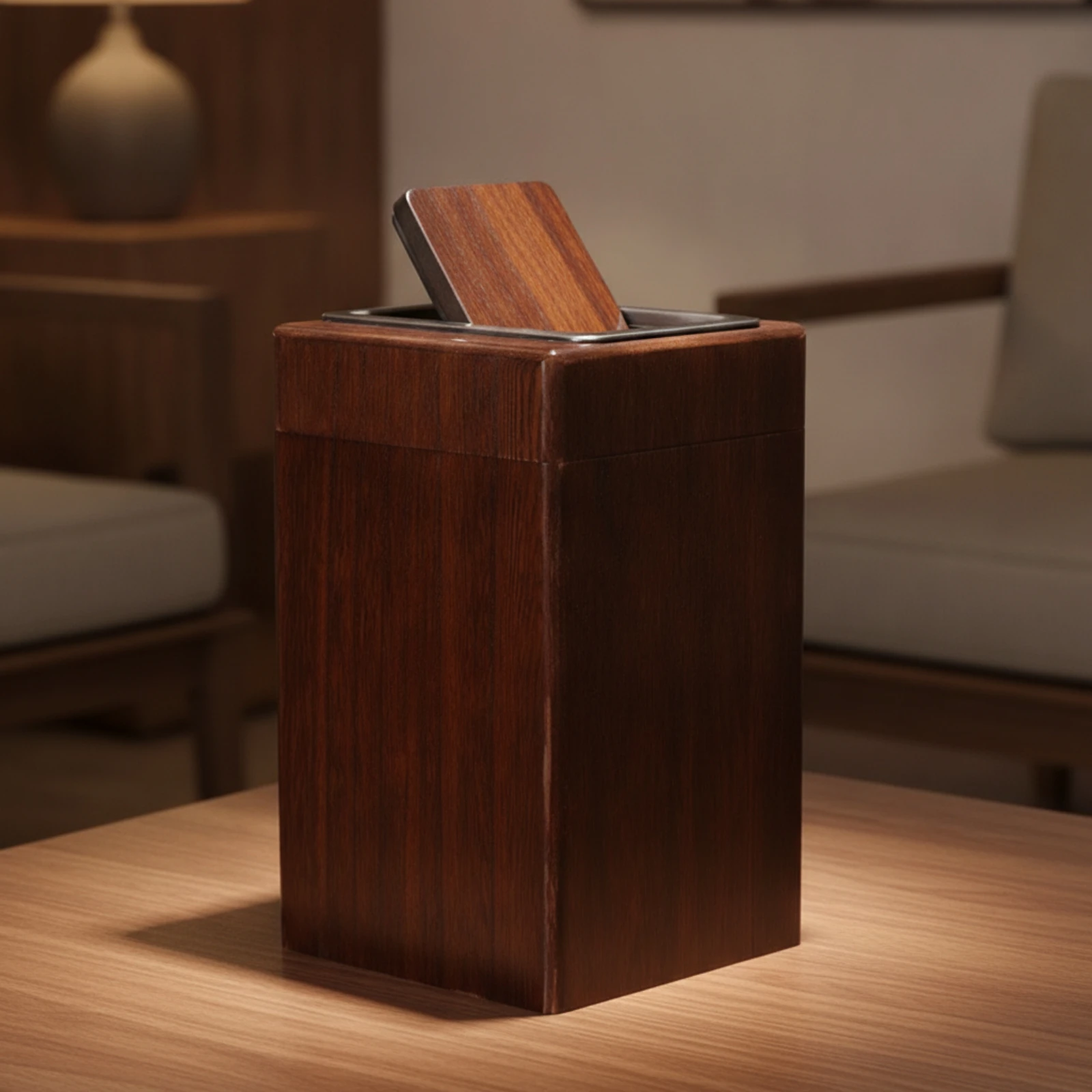 Freestanding Wooden Wastebasket Natural Wood Wooden Trash Bin with Metal-Framed Lid Tall Rectangular Trash Can Wipe-Clean
