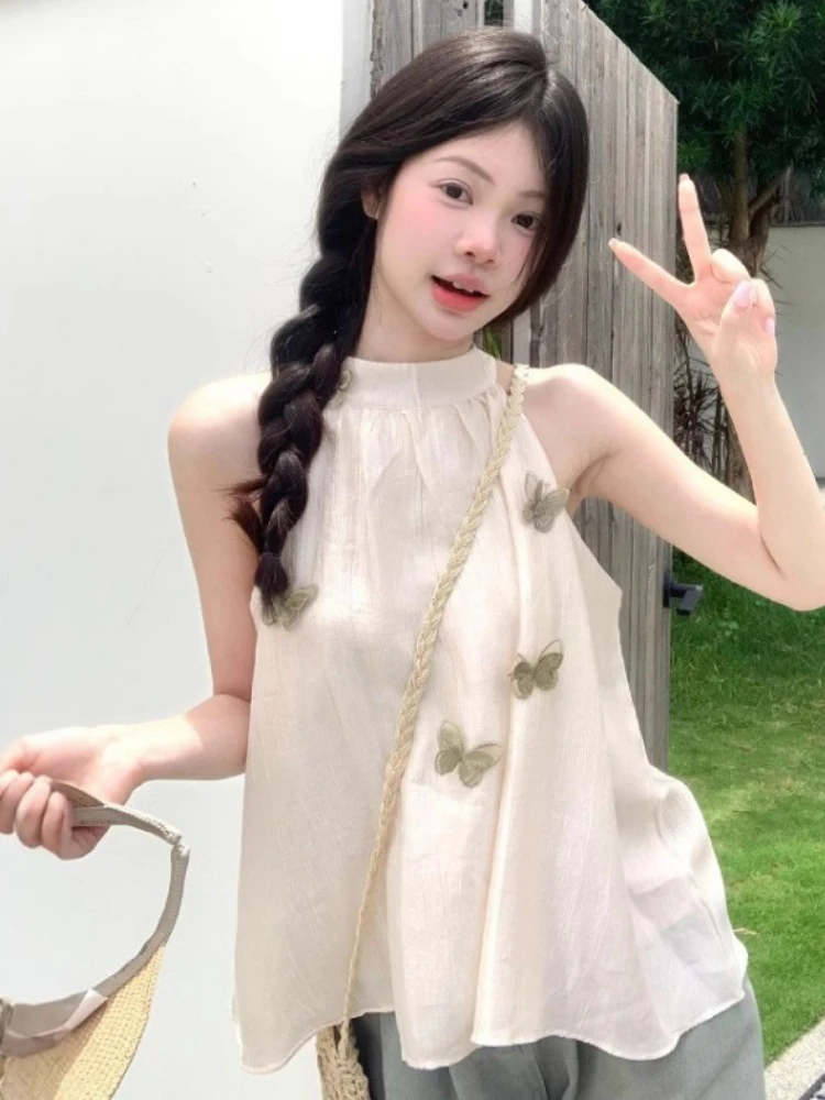 

Y2k Aesthetic 3D Butterfly Sweet Tank Top Women Halter Sleeveless Vintage Camisole Harajuku Fairy Grunge Pleated Summer Vest