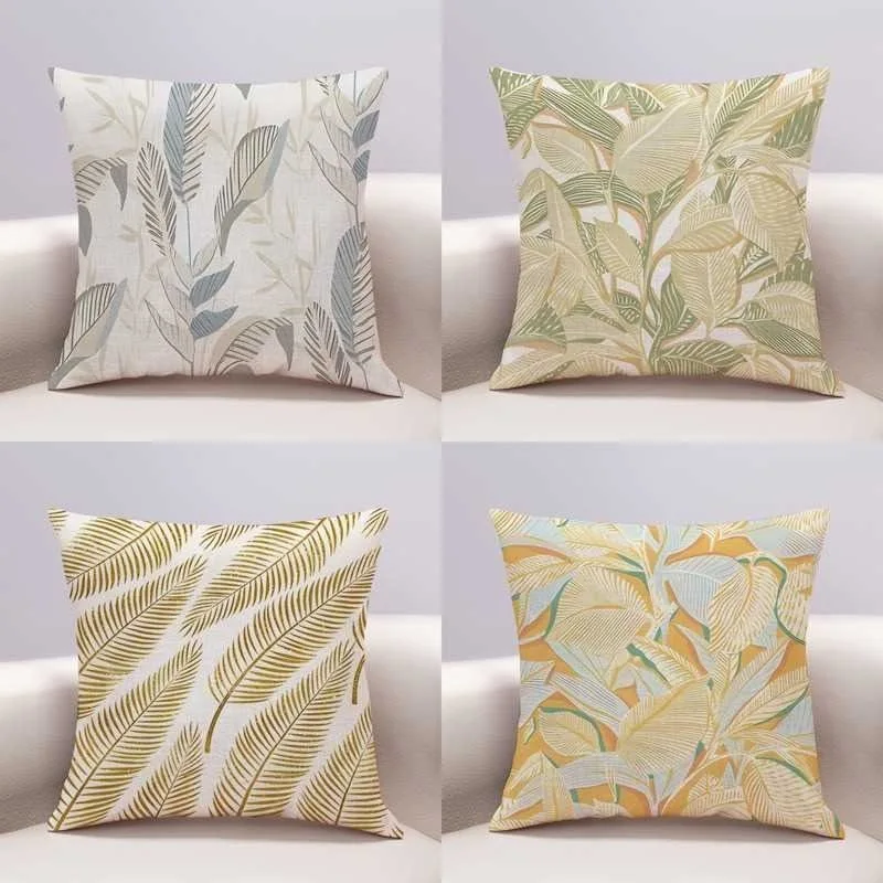 New Chinese Leaf Print Pillowcase Modern Simple Sofa Living Room Cushion Cover Office Model Room Waist Pillow