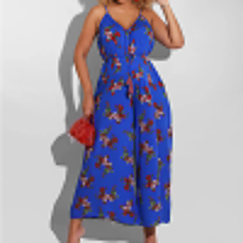 2023 New Floral Print Suspenders V-neck Loose Wide-leg Jumpsuit Sleeveless Wide-leg Jumpsuit High Waist Loose One-piece Jumpsuit