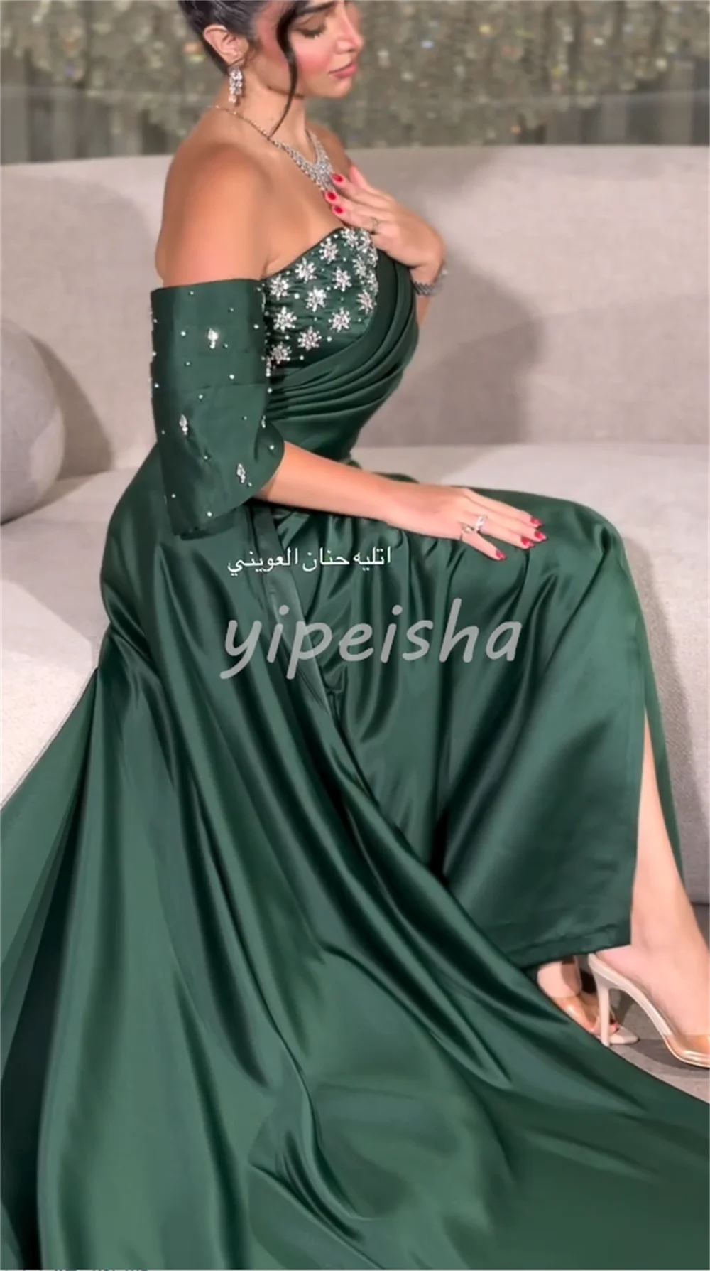 Dark Green Luxury Charming Charmeuse Pleat Crystal A-line Off-the-shoulder Floor-Length Evening Dresses Party Gowns Customized