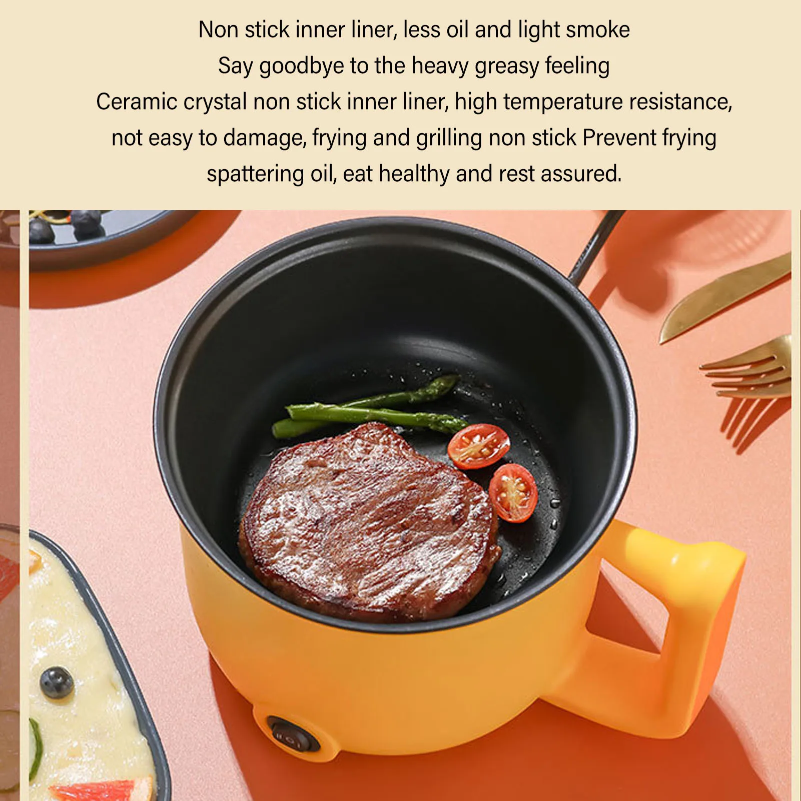 Elektroherd, 1,8 l, 600 W, 2 Gänge, antihaftbeschichtet, multifunktionaler elektrischer Hot Pot mit Griff für Nudelsuppe, Nudeln, Steak, Ei, Haferflocken