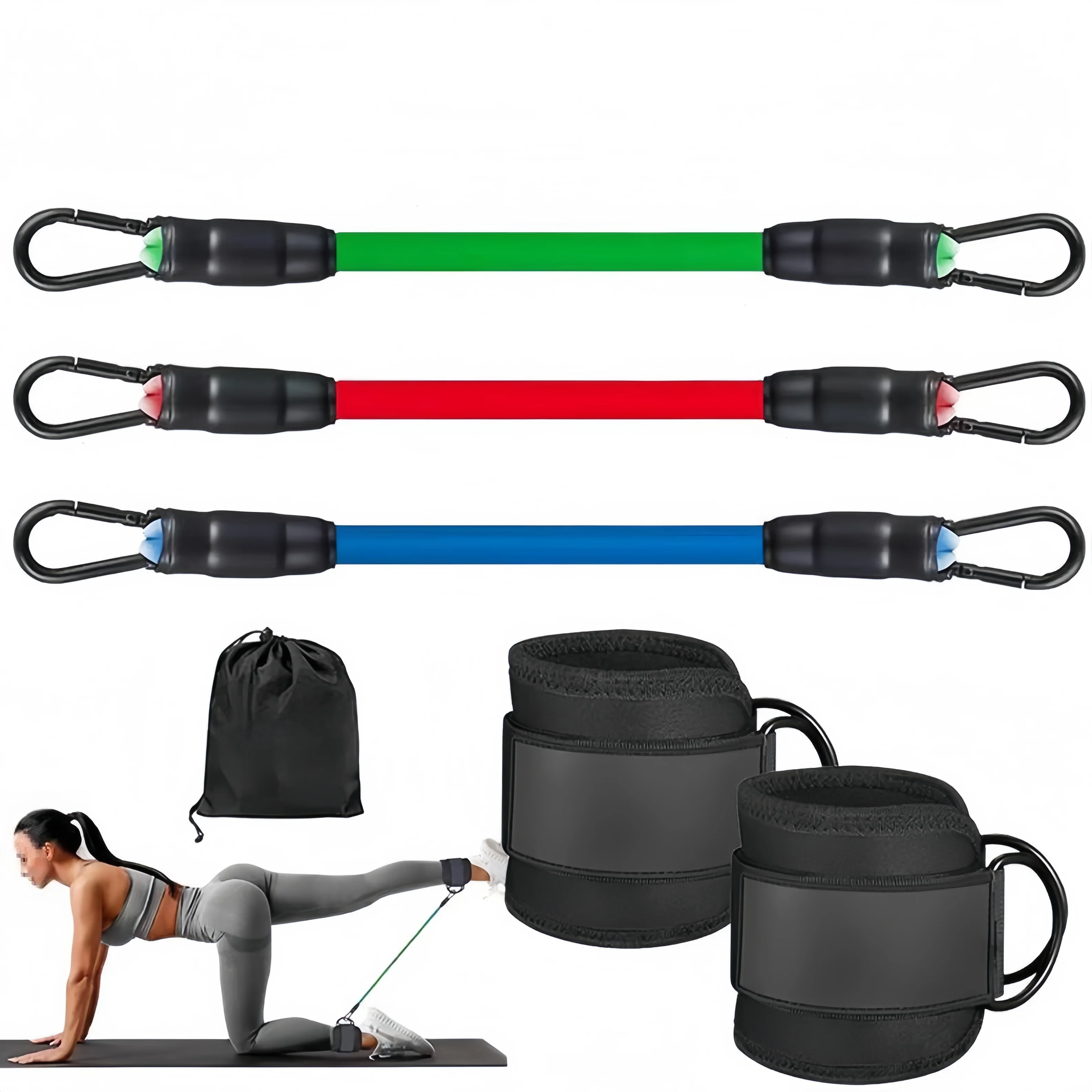 Ankle Resistance Bands Set with Ankle Cuffs, Elastic Leg Tubes for Glute Hip Workout Gym Fitness Training with Storage Bag view 3