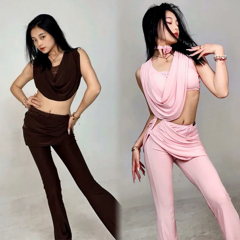 

Adults Modern Dancing Clothes Sexy Swing collar Top Ballroom Dance Pants Women Latin Dance Costume Training Suits SL12889