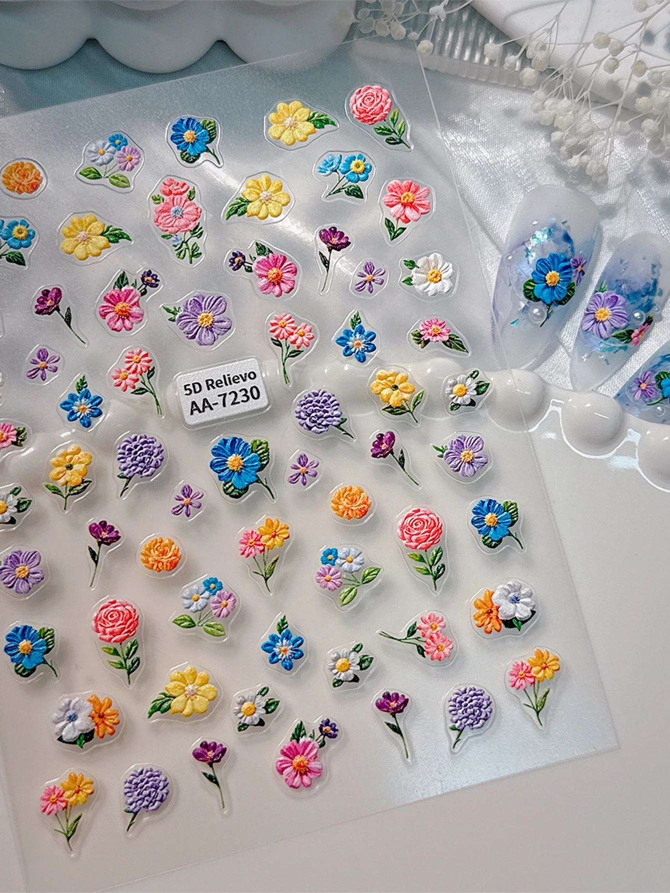 Autocollants pour ongles à fleurs colorées, Relief 5D, Monet exquis, couleur d'eau, fleur Super brillante, imperméable, décorations DIY bricolage, 1/2 pièces