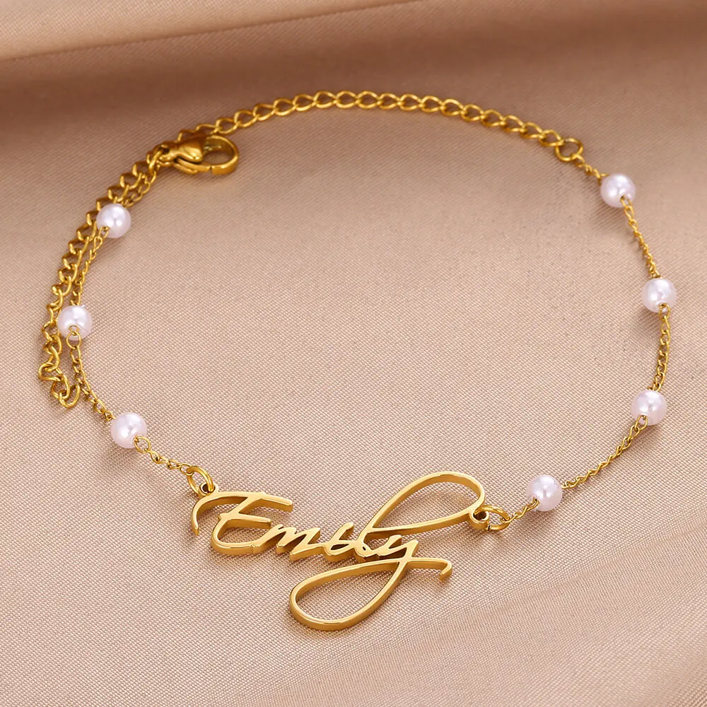 

Custom Pearls Name Bracelet For Women Girl Jewelry Stainless Steel Personalized Gold Color Nameplate Best Friends Gifts