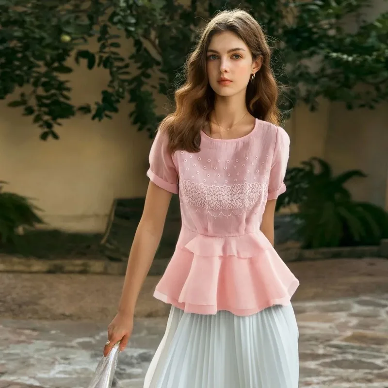 Women's Lace Embroidered Peplum Blouse Elegant Summer Short Sleeve Top