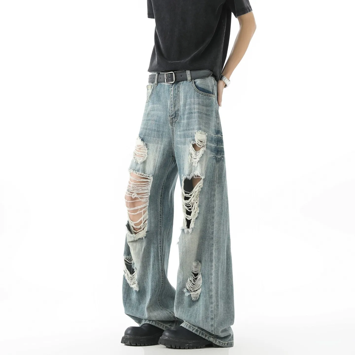 Men Hole Patched Loose Wide Leg Light Blue Wash Denim Trousers American Style New Fashion Male Simple Basic Daily Jeans Pants