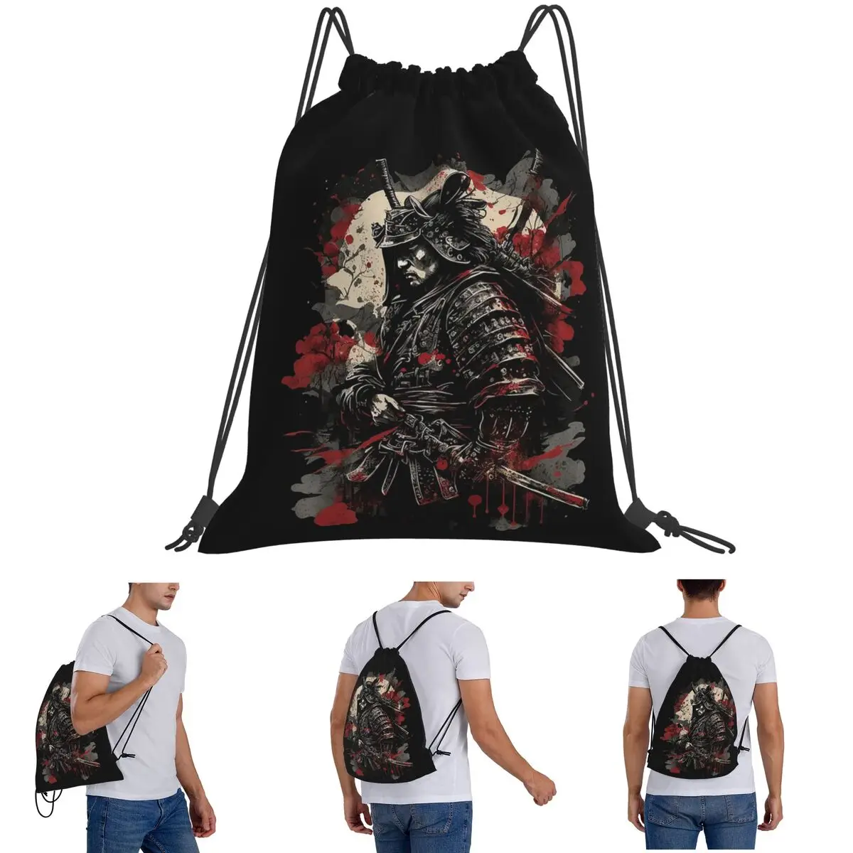 Japanese Samurai Warrior Backpacks Casual Drawstring Bundle Pocket Sports Bag Book Bags for Man Woman School