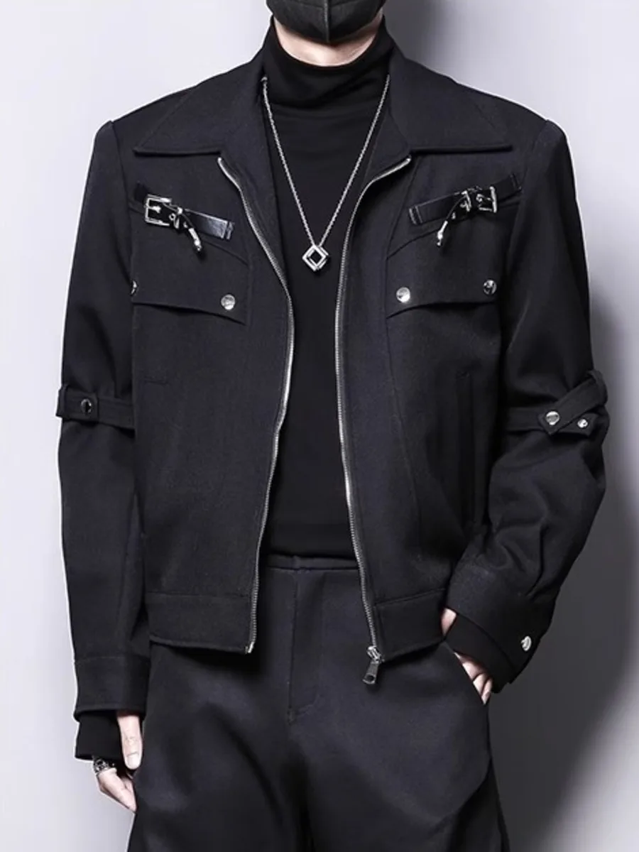 Men's Retro Avant-Garde Short Zip Jacket with Shoulder Pads Deconstructed Techwear Streetwear Coat for Edgy Urban Style