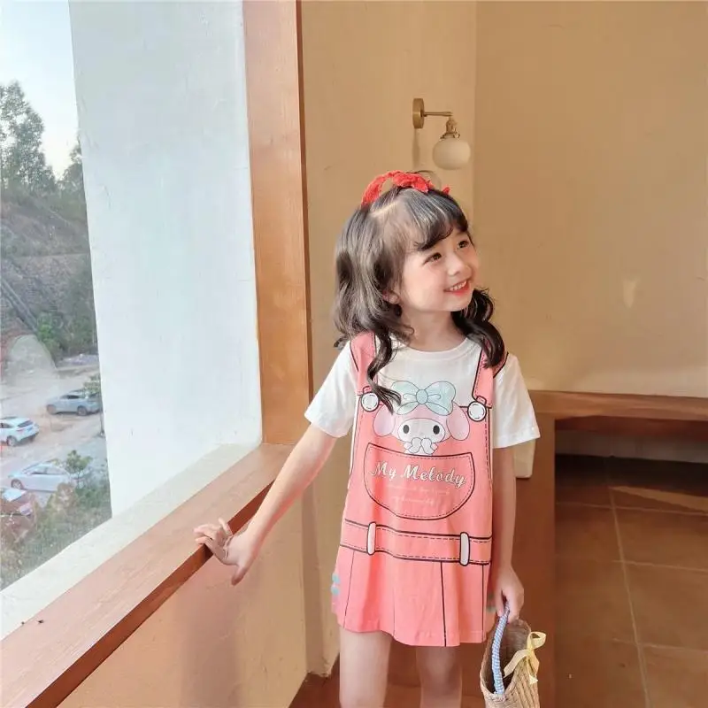 Sanrioed Kuromi Kids Dress Cute Print gonna a pieghe My Melody Cartoon manica corta bretelle t-shirt Dress Summer Kids Clothes