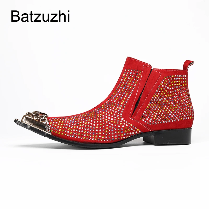 Batzuzhi Designer's Rhinestones Leather Ankle Boots Man with Iron Toe Slip on Men's Leather Ankle Boots Man Wedding, Party Botas