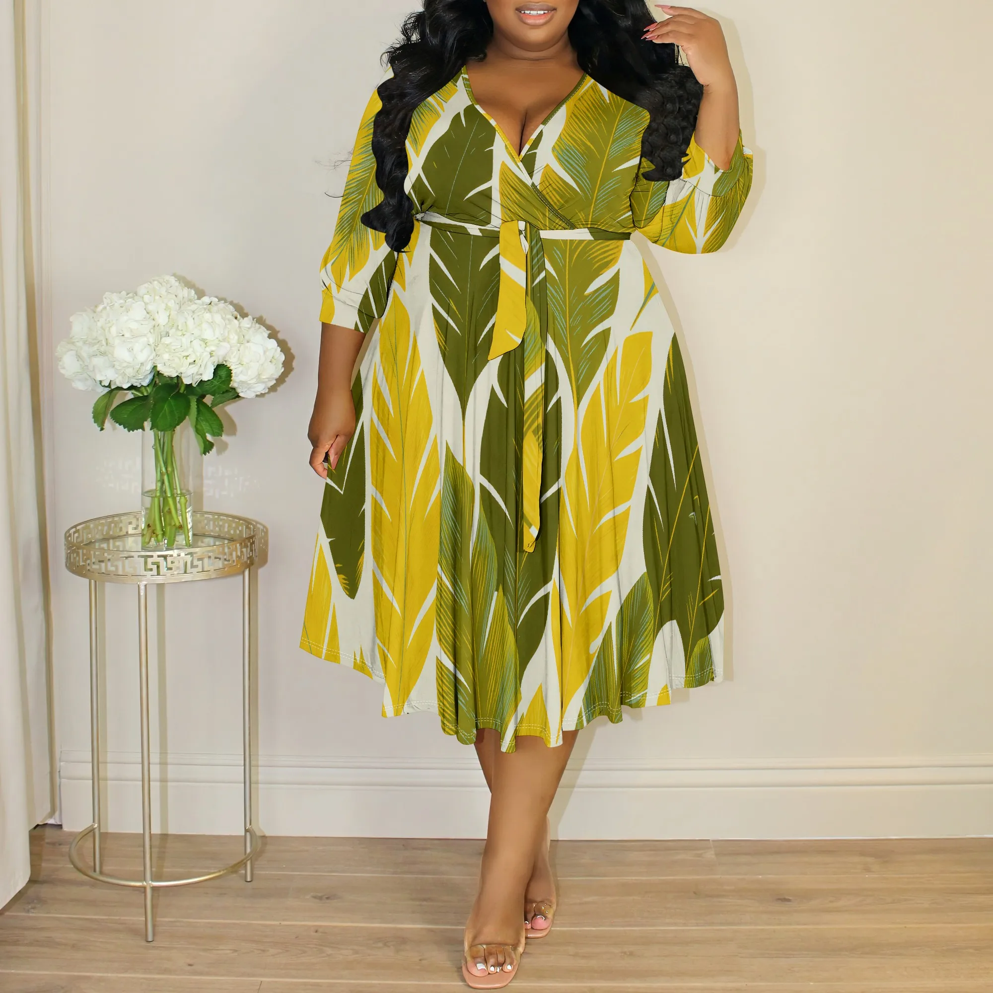 

2025 Plus Size Women’s Dress XL-6XL Leaf Pattern V Neck Tie Waist Loose Fit Midi Dress for Summer Vacation Casual Wear