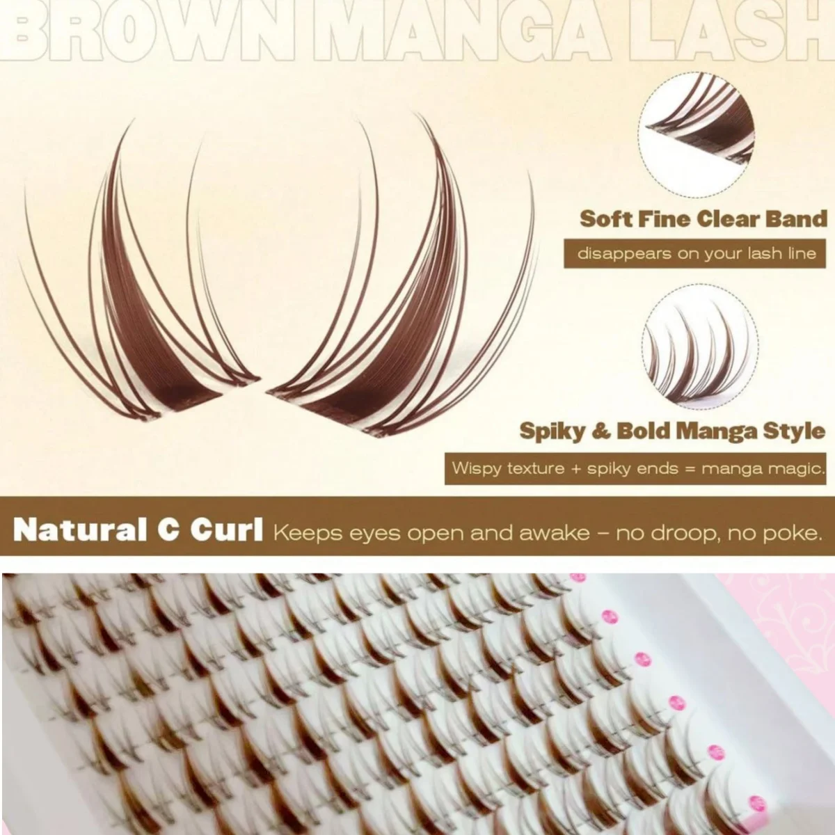 WINKLURE Braune Wispy Lash Clusters, gemischte Länge, C-Curl, flauschige Wimpernverlängerungen mit transparentem Stiel, natürlich aussehend, individuell anpassbar. – Detail 13