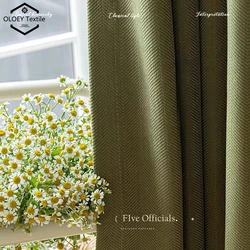 French Olive Green Chenille Blackout Curtains for Living Room Bedroom Herringbone Pattern Modern Luxury Custom Window Drapes