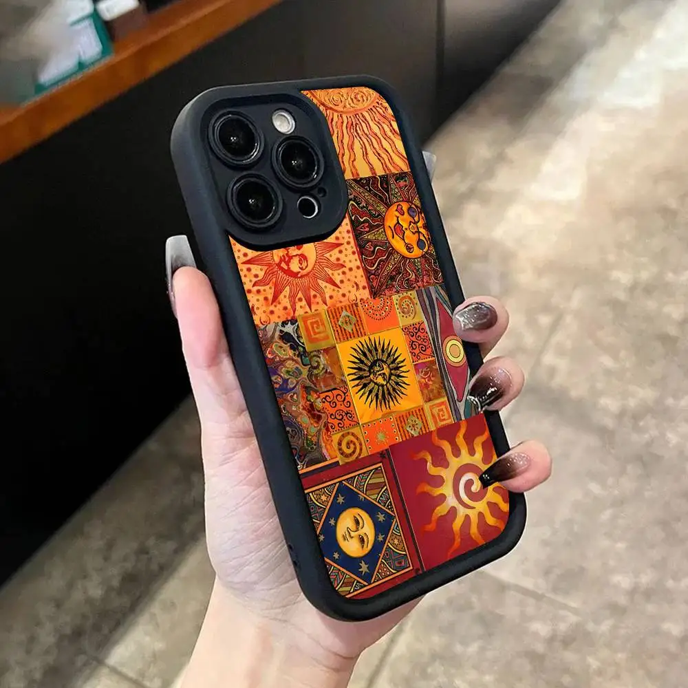 Bohemian Sunflower Moon Phone Case For iPhone 17,16,15,14,13,12,11,Pro,Max,Plus,X,XS,SE4,E,Mini Black Thickened border Case