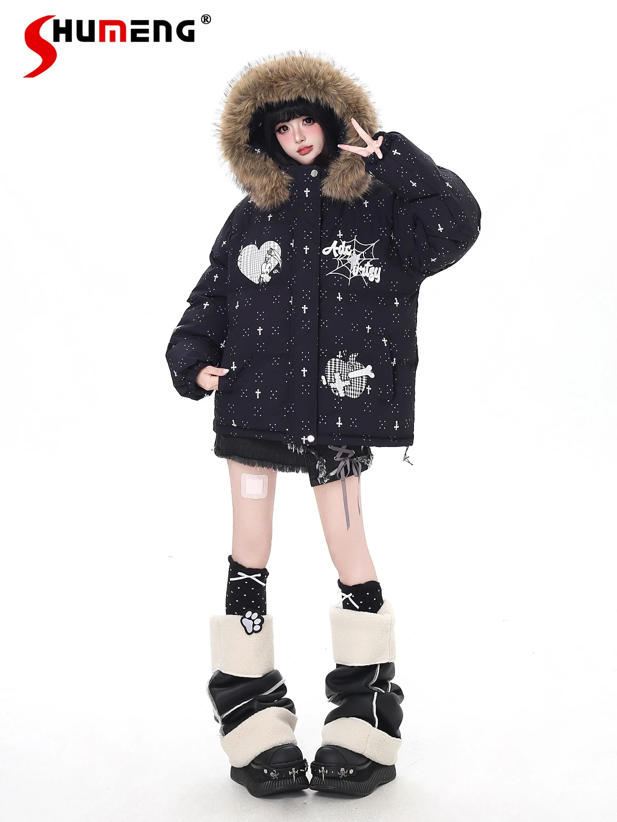 

Fashion Sweet Cool Girl Y2K Hooded Cotton Jacket Detachable Fur Collar Embroidery Loose Versatile Warm Parkas Coats Women Winter
