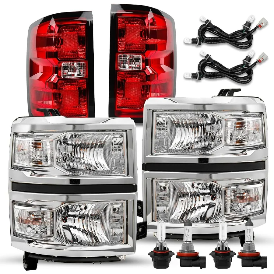 

Headlight and Tail Light Assembly Pair Set for 2014 2015 Chevy Silverado 1500 Pickup Truck Halogen LH+RH Driver Passenger Side