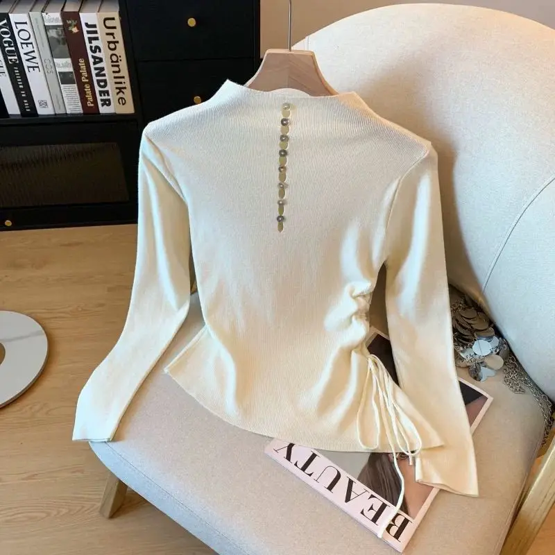 

Women's Autumn Winter Knitted Long-Sleeved Pullover Sweater with Pull Rope Waist Tuck Korean Style Casual Top