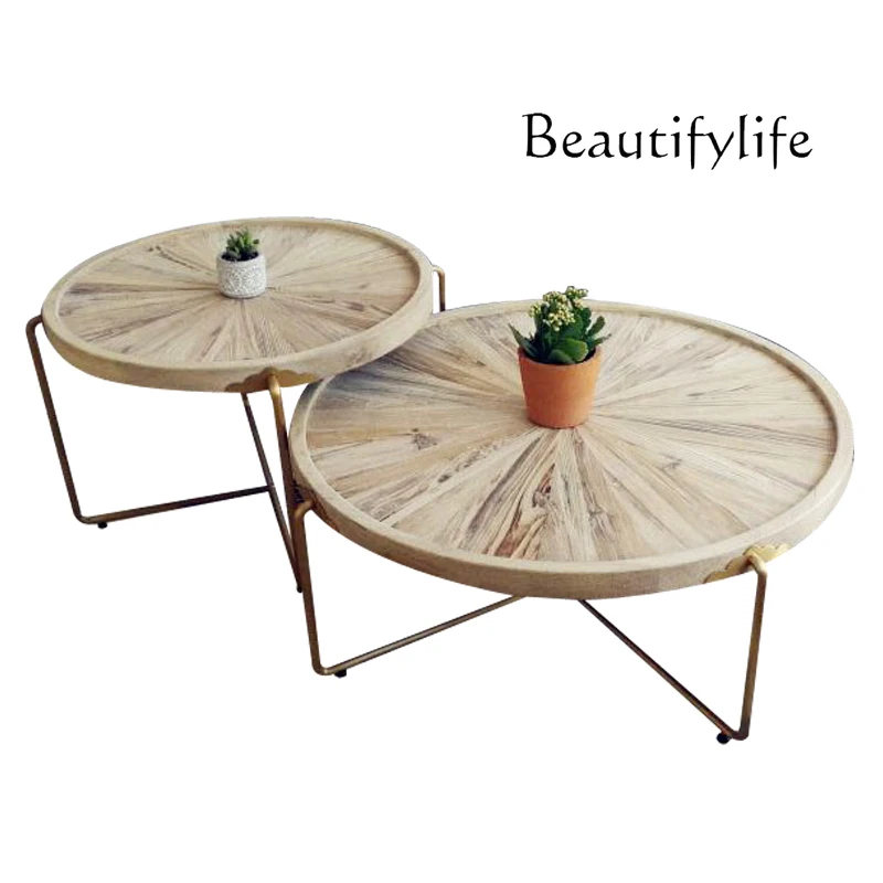 Nordic old round coffee table sofa edge table modern simple solid wood creative wrought iron round table