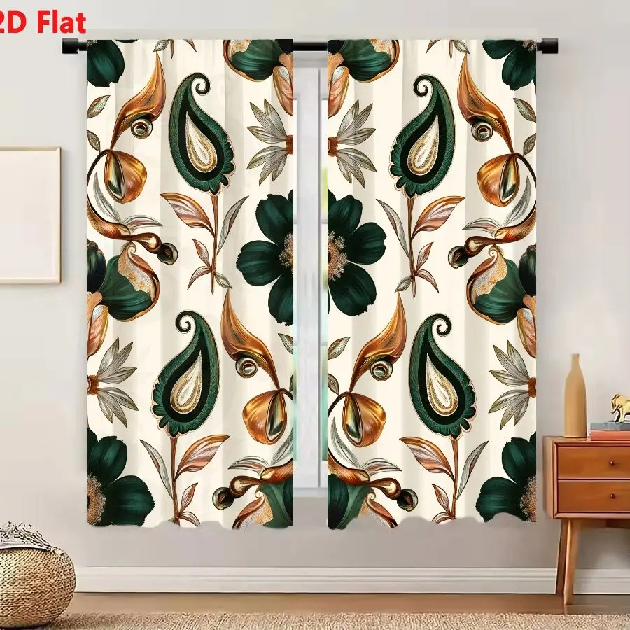 2Pcs Curtains 2D Flat Seamless Floral Paisley Pattern With Dark Green Flowers And Bronze Abstract Forms On Cream Background Wind