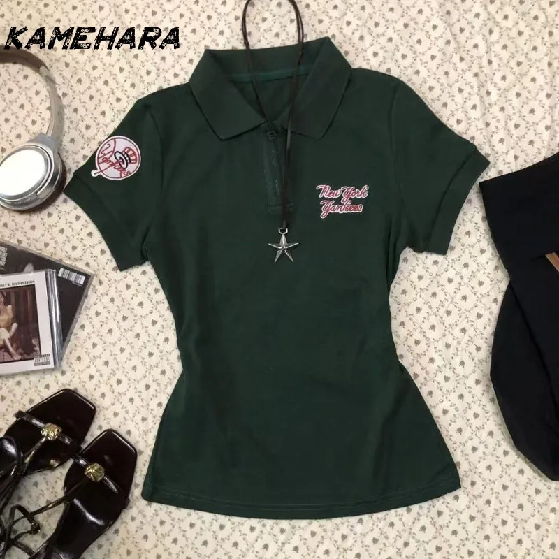 

KAMEHARA 2025 Summer American Retro Collar Premium Embroidered Short Sleeve T-shirts for Women Design Sense Niche Top 민소매 티 여성