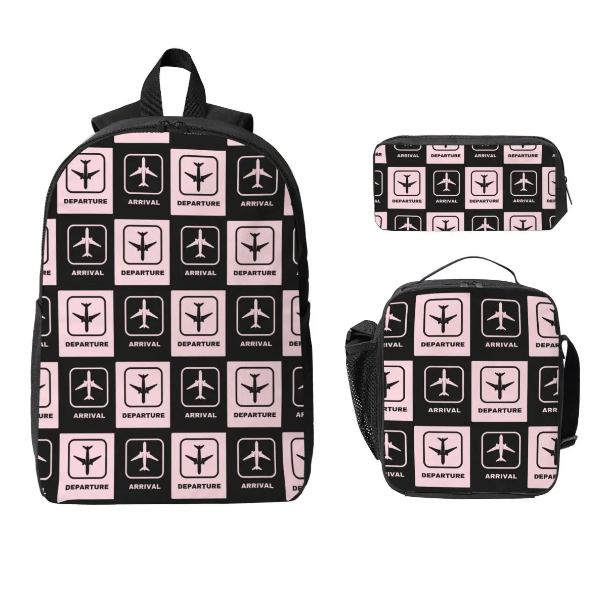 Arrival Departure Airplane Decor Backpack Boys Girls BookBag School Bag Laptop Shoulder Bags 3ps Insulated Lunch Bag Pencil Case