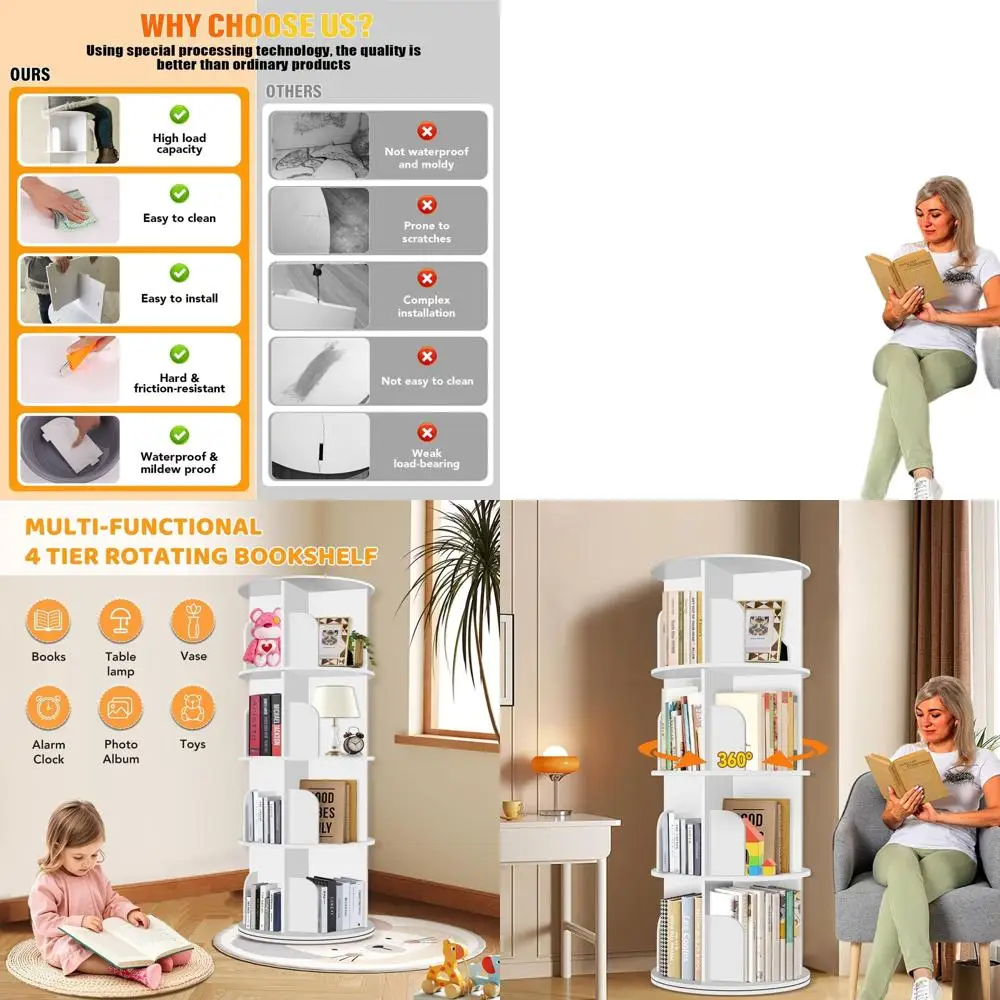 

White 4-Tier Rotating Bookcase, 360° Spinning Storage Carousel, Vertical Corner Organizer with Lazy Susan