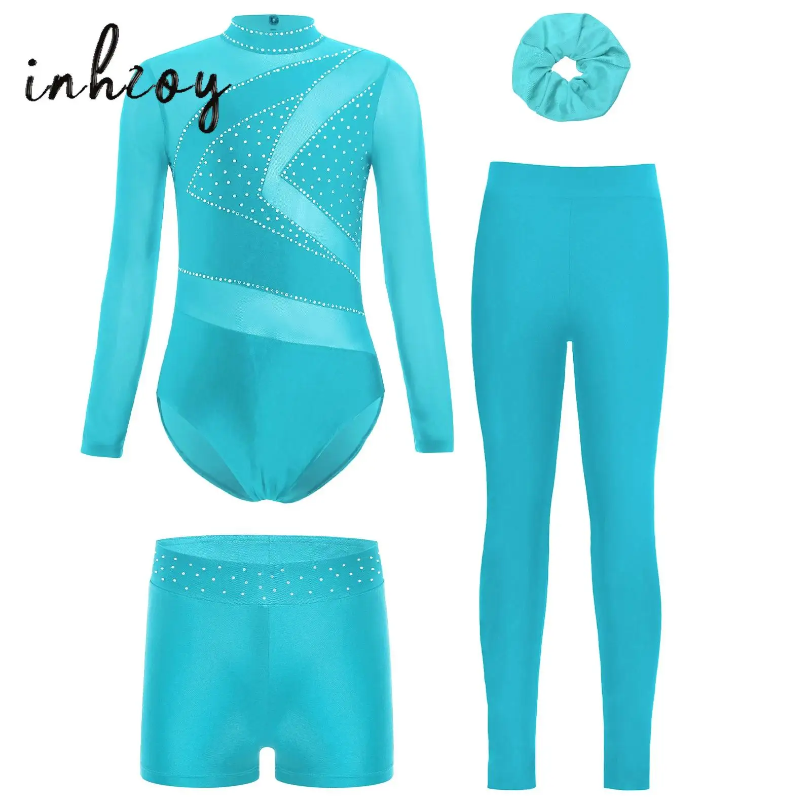 

4Pcs Kids Girls Gymnastics Figure Skating Costume Sheer Mesh Long Sleeve Sparkly Rhinestone Leotard+Shorts+Leggings+Hairband Set