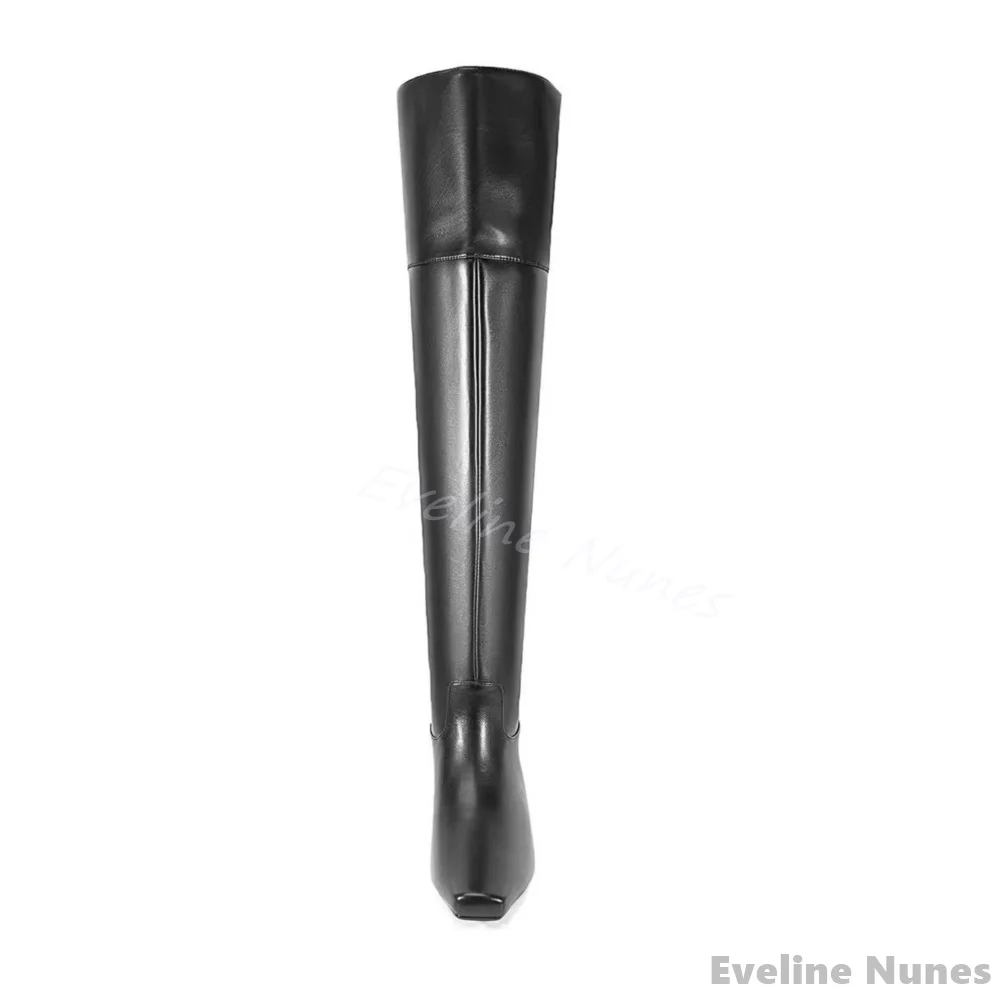 Small Square Toe Over The Knee Boots Women Black Leather Chunky Heel Slip On Catwalk Long Boots New Large Size Comfortable Boots