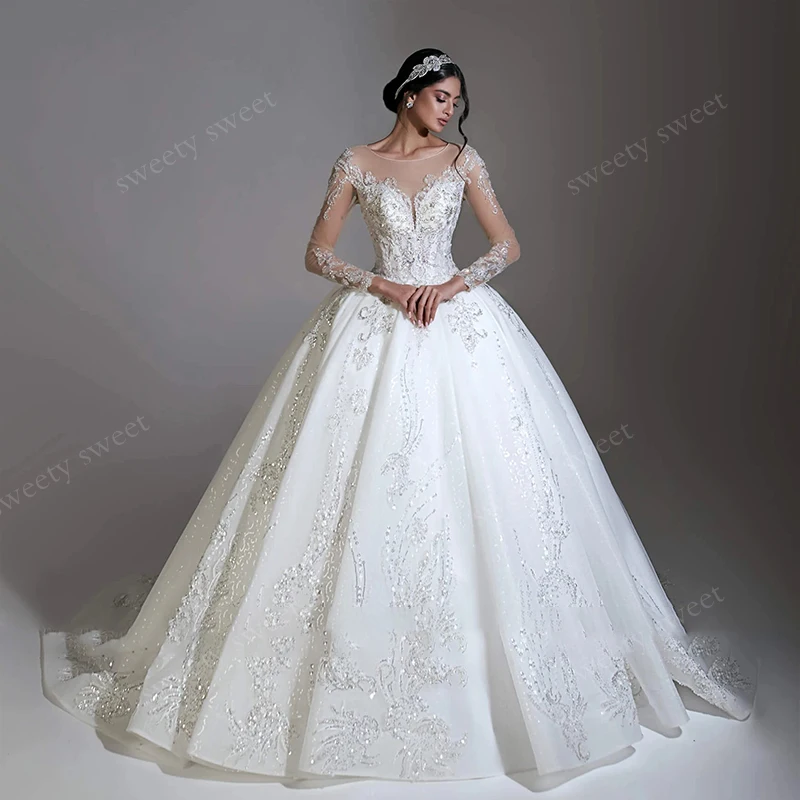 우아한 웨딩 드레스 오간자 자수 스팽글 볼 가운 풀 슬리브 O넥 맞춤형 신부 드레스 버튼 베스티도 데 노비아
