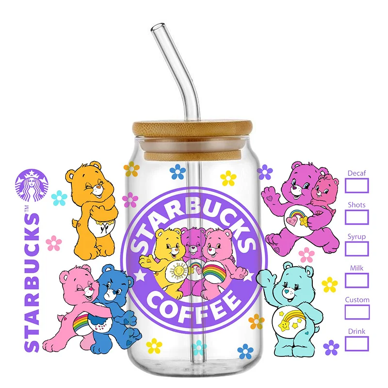 Miniso strawberry cute Bear 16OZ UV DTF Cup Wrap Transfers Stickers Custom Labels DIY Waterproof Logo For Libbey Glass Can