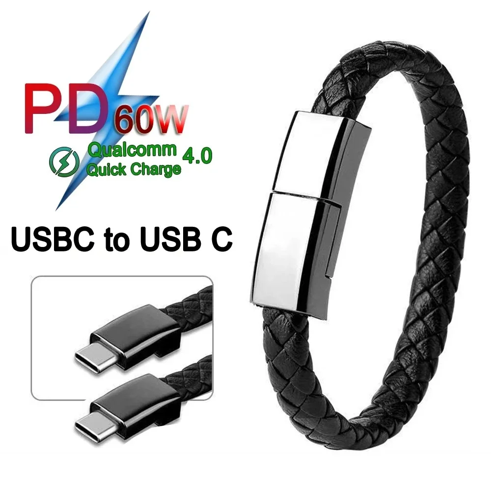 Bracelet Cable PD 60W Portable Fast Charging USB C to USB C Cable Double Braided Wrist Phone Data Cord For iPhone Samsung Xiaomi