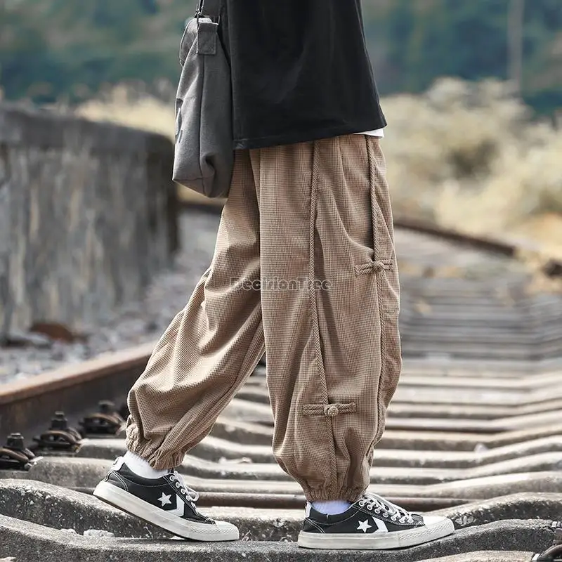 2023 chinese style men's autumn/winter corduroy pants men's new chinese disc button wide leg haren casual straight trousers w26