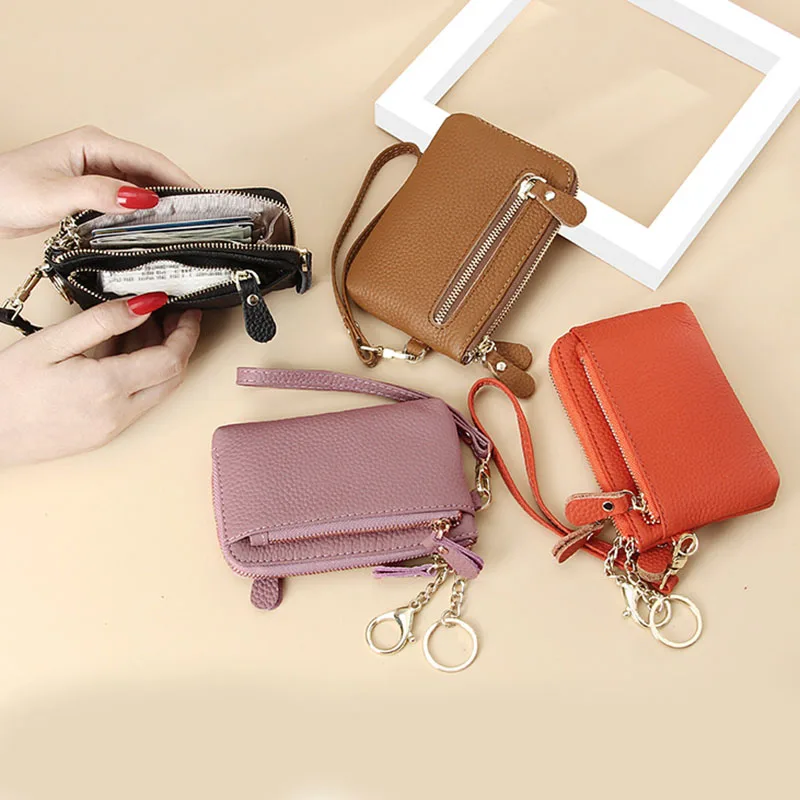 Ladies Wallet Luxury High Quality Short Vintage Purse Multi-card Coin Wallets Genuine Leather Women Zipper Keychain Hasp Purses